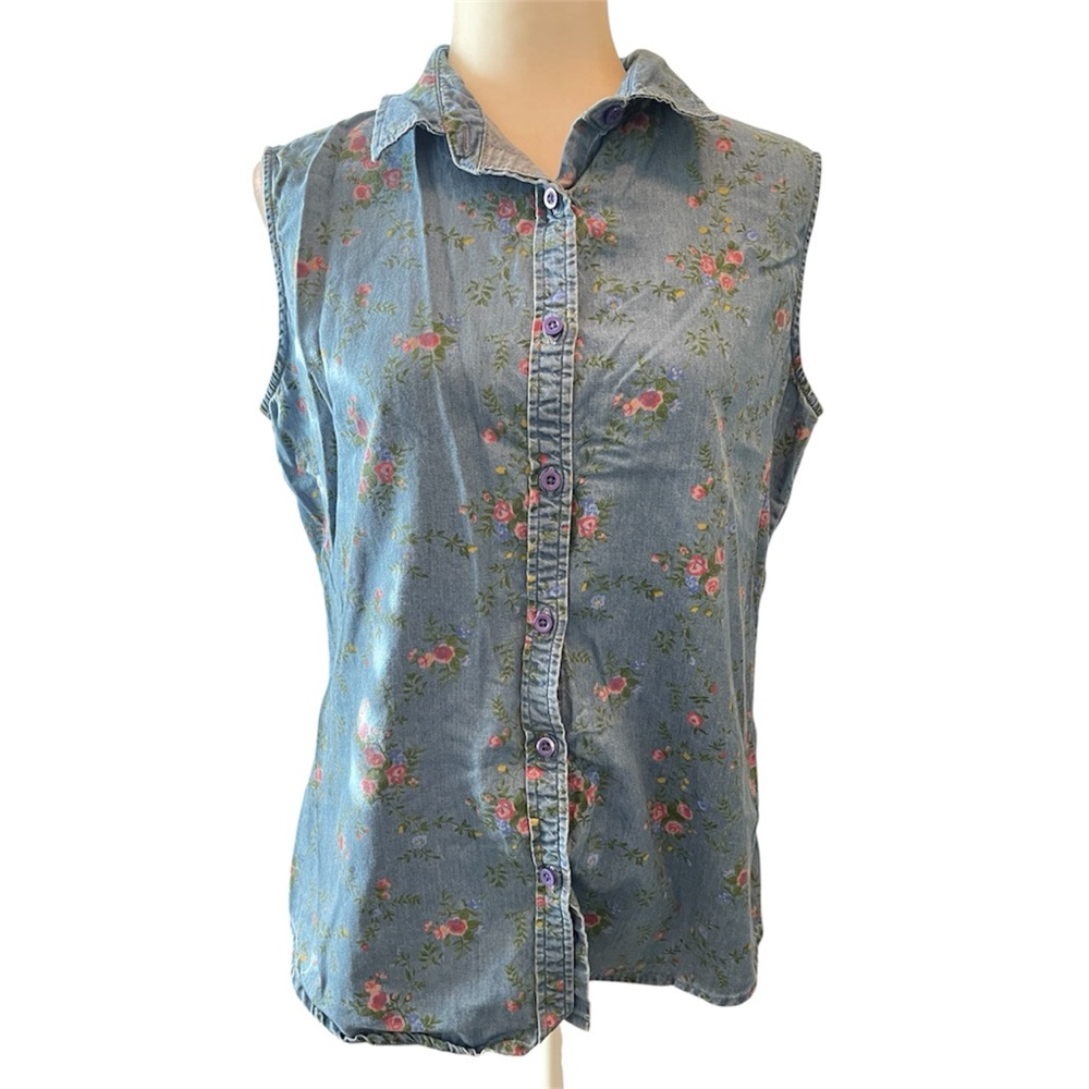 The Vermont Country Store Floral Chambray Cottagecore Top size medium